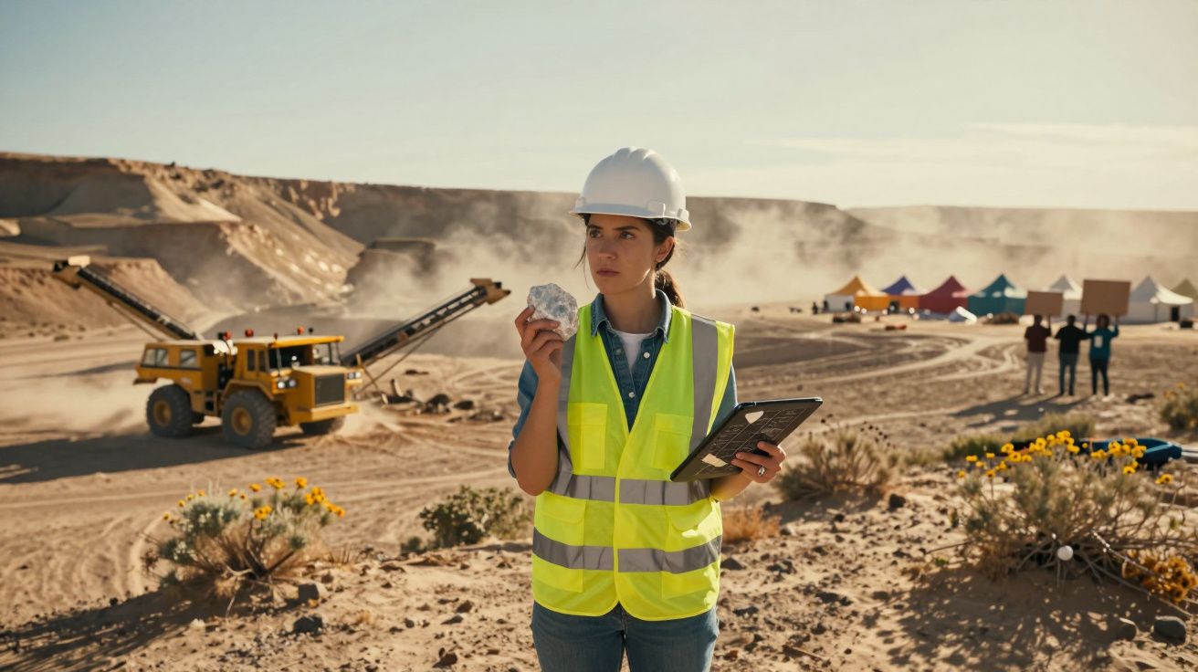 Mulher engenheira em colete refletor e capacete observa amostra em mina a céu aberto com máquinas e tenda ao fundo.