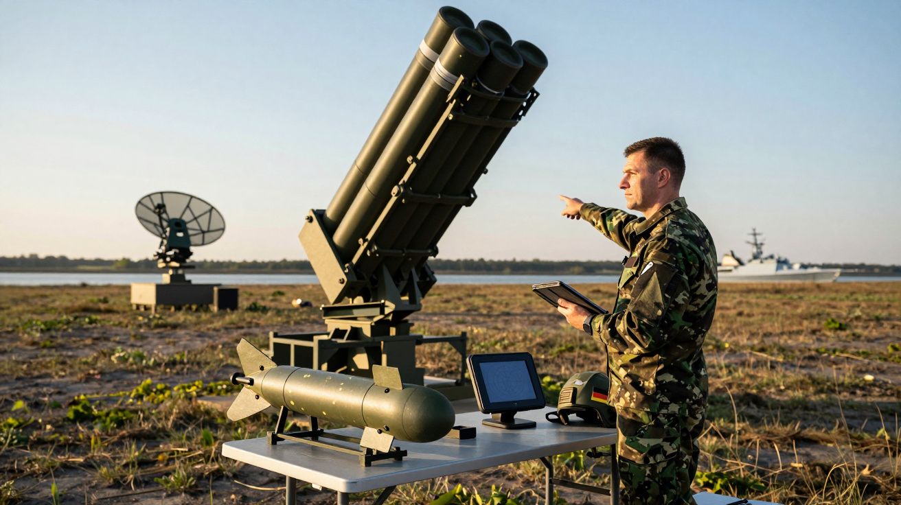 Militar em farda camuflada aponta para horizonte ao lado de equipamento militar no campo aberto.