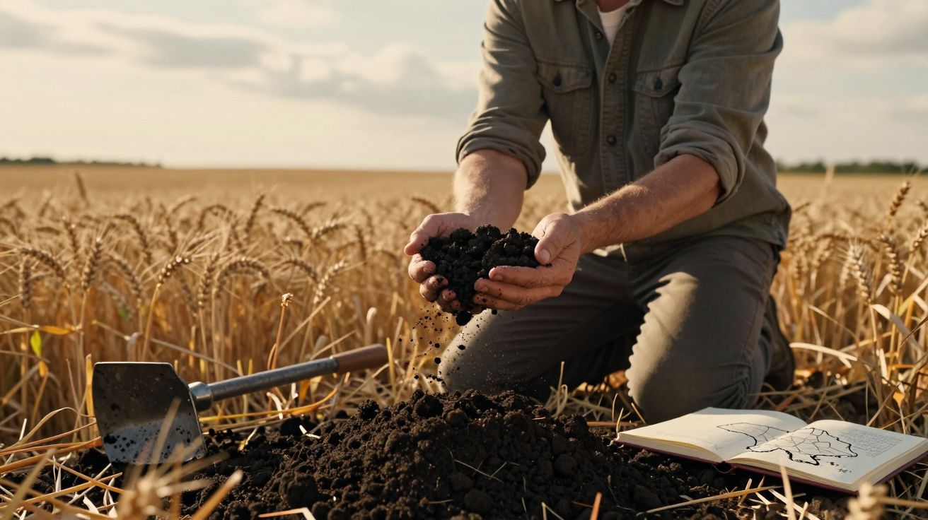 Pessoa a examinar terra fértil numa cultura de trigo com enxada e caderno de anotações ao lado.