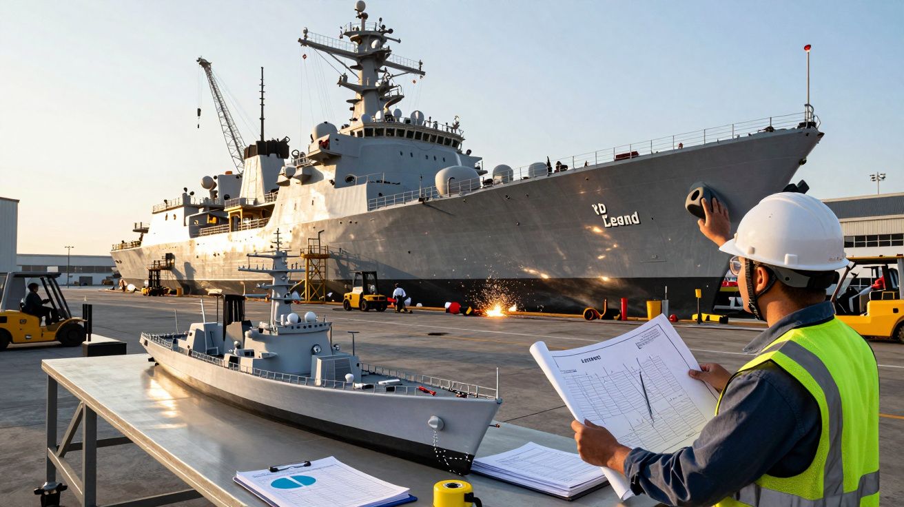 Homem com capacete e colete reflete em planta ao lado de modelo de navio militar em doca com navio real atrás.