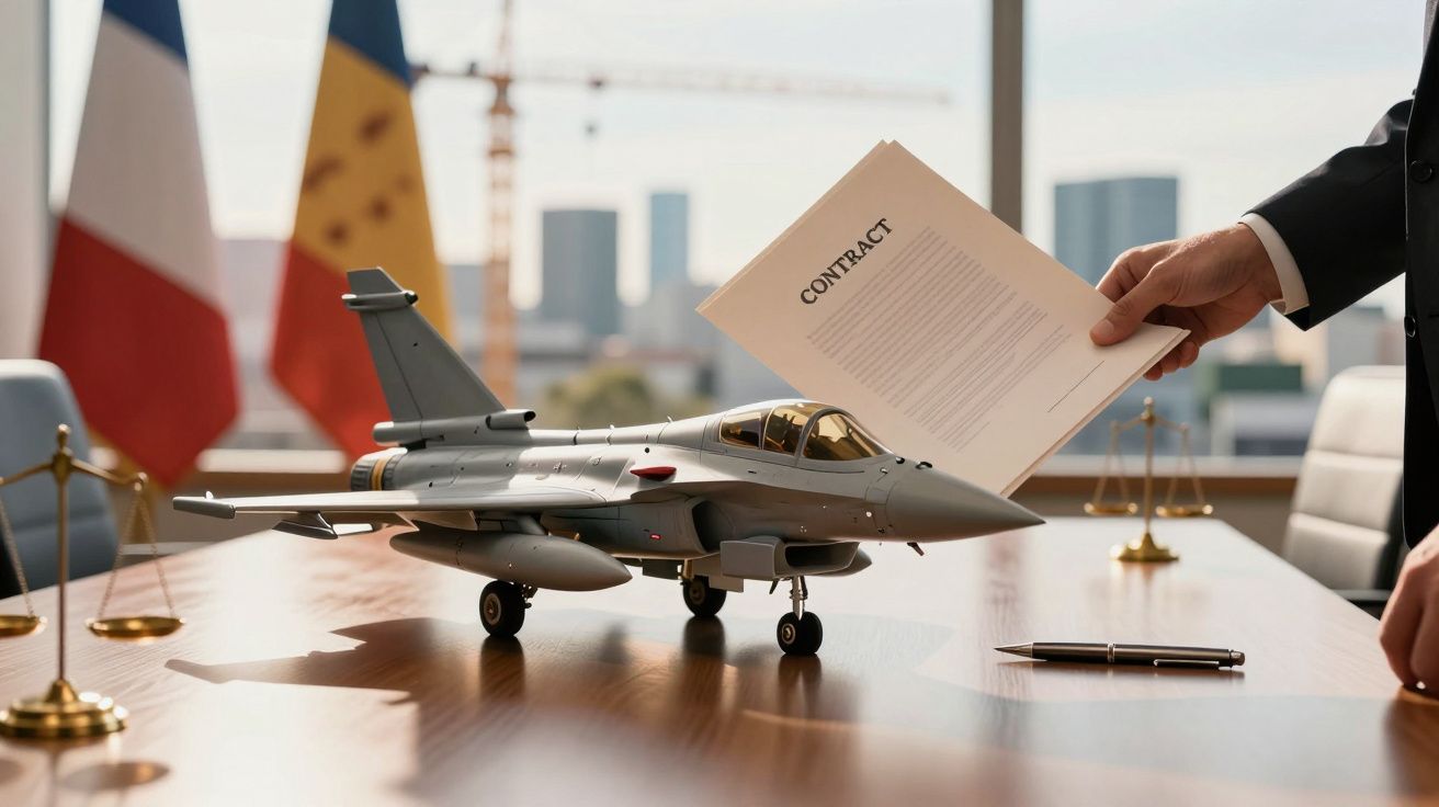 Modelo de avião de caça num escritório com uma mão segurando um contrato, bandeiras e balanças ao fundo.