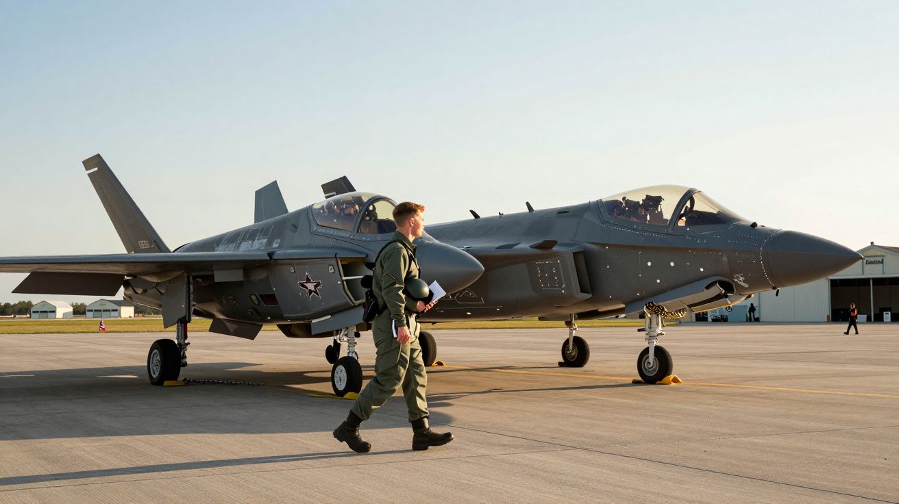 Piloto militar a caminhar perto de dois caças estacionados num pista de aeroporto ao pôr do sol.
