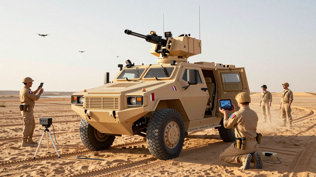 Veículo militar blindado deserto com soldados operando drones e equipamentos eletrónicos.