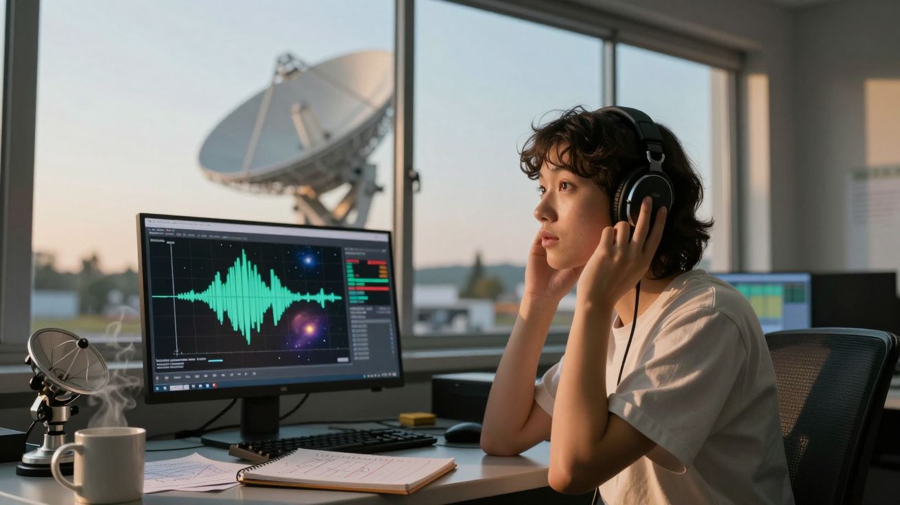 Pessoa com auscultadores em estúdio a analisar ondas sonoras em ecrã de computador.