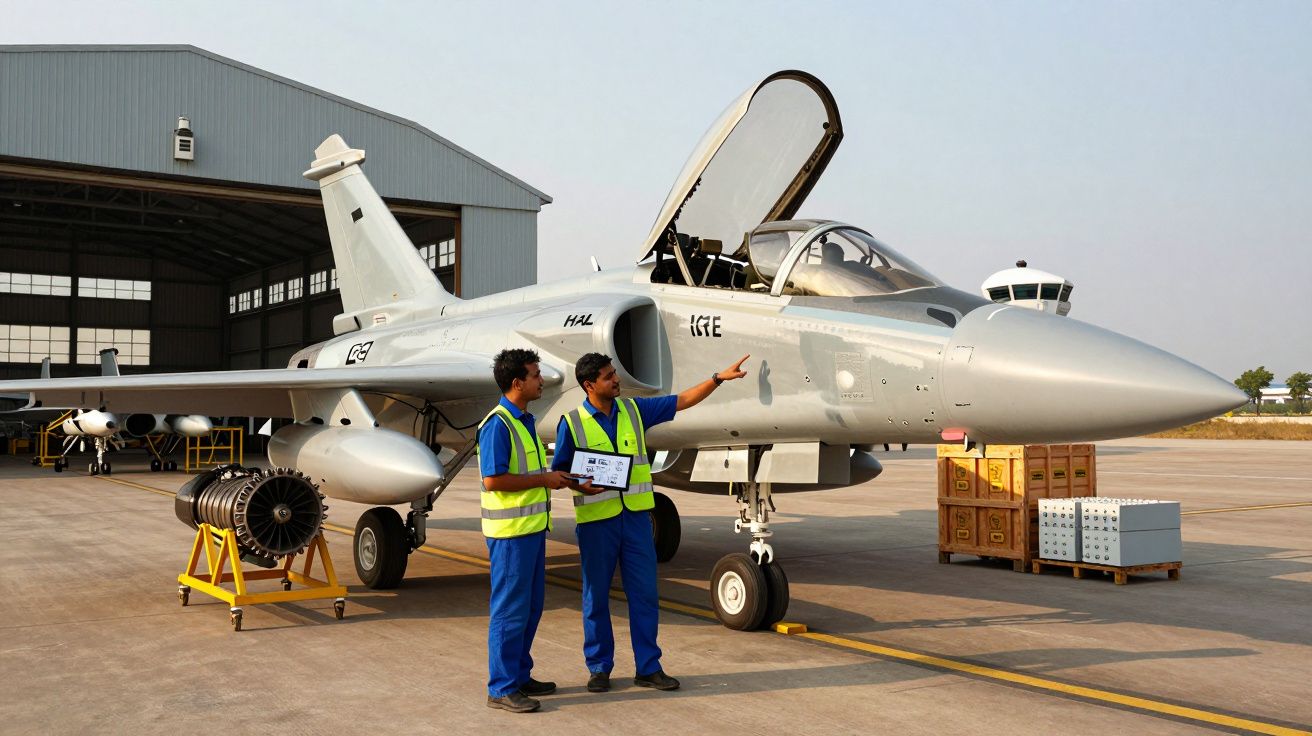 Dois técnicos com coletes refletivos discutem junto a um avião de caça estacionado fora de um hangar.