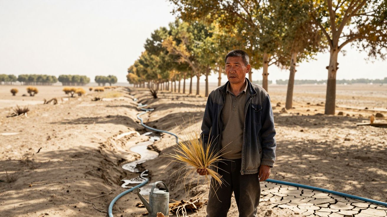 Homem em campo seco e rachado segura planta murcha perto de sistema de irrigação em área árida com árvores ao fundo.