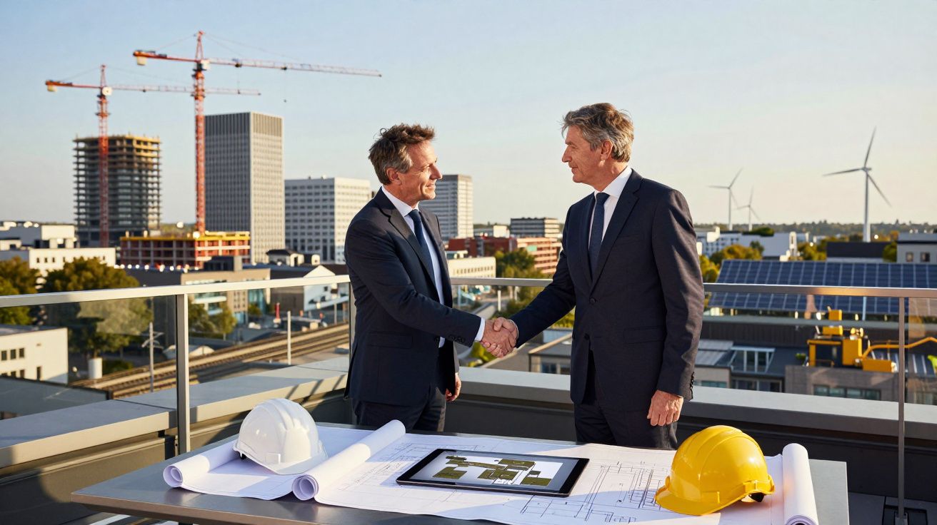 Dois homens de fato apertam as mãos numa varanda com vista para edifícios, capacetes e planta arquitetónica à frente.