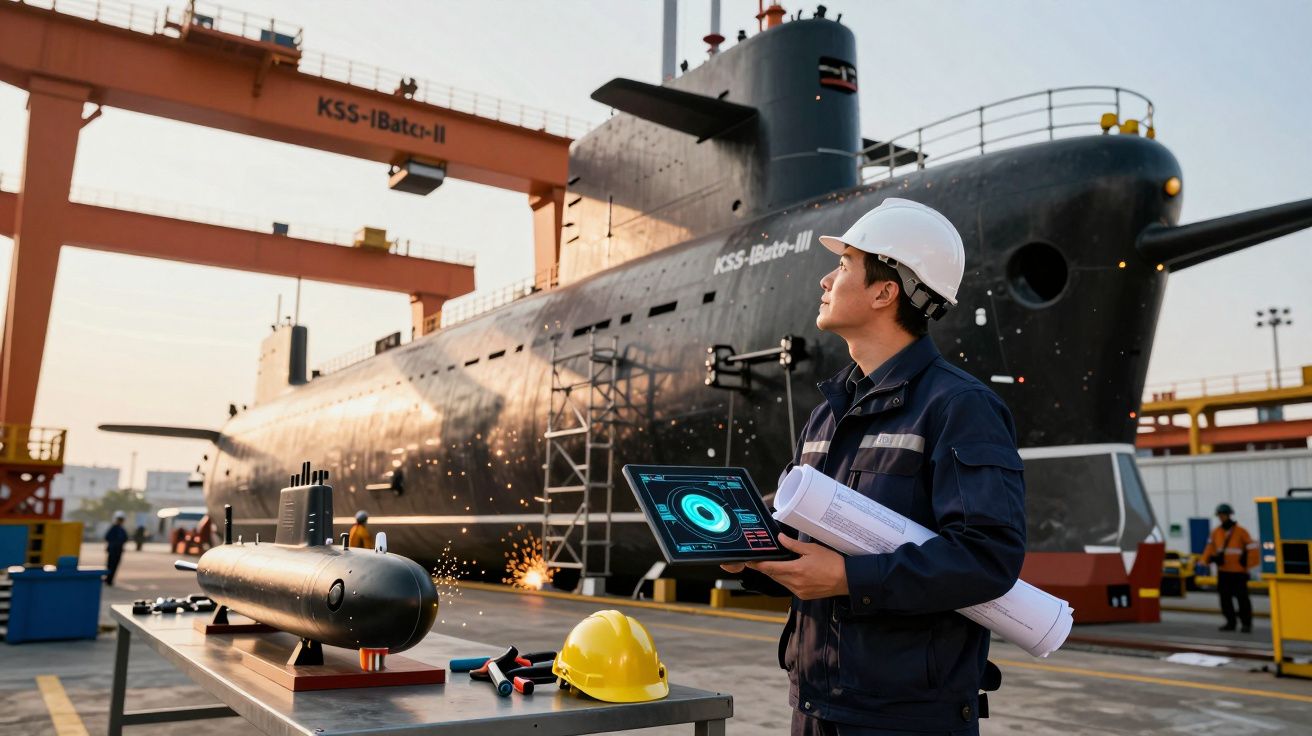 Engenheiro com capacete branco observa submarino cinzento enquanto segura prancheta e planta baixa num estaleiro naval.