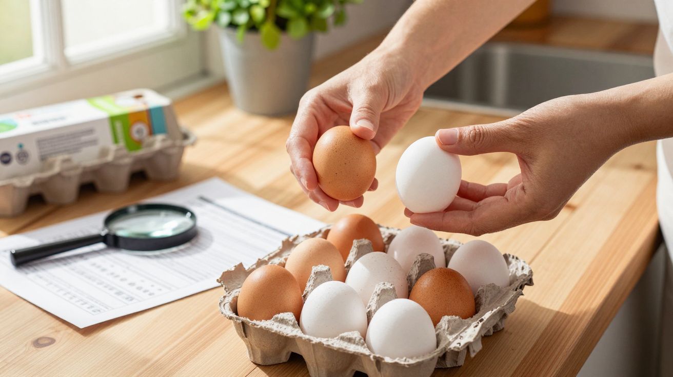 Duas mãos seguram ovos branco e castanho sobre uma caixa com ovos num balcão de cozinha.