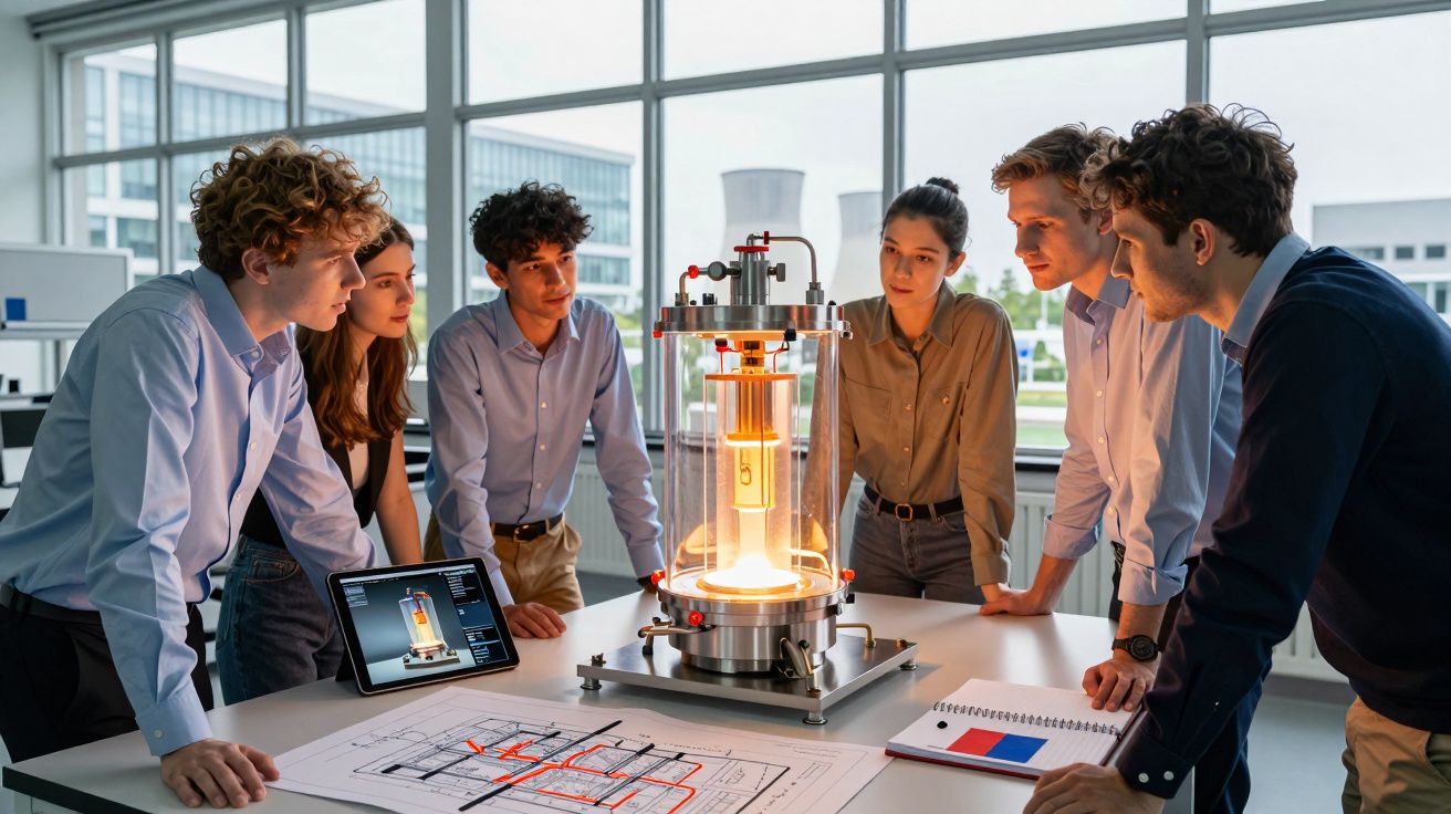Grupo de jovens engenheiros a analisar um protótipo tecnológico numa sala moderna e iluminada.