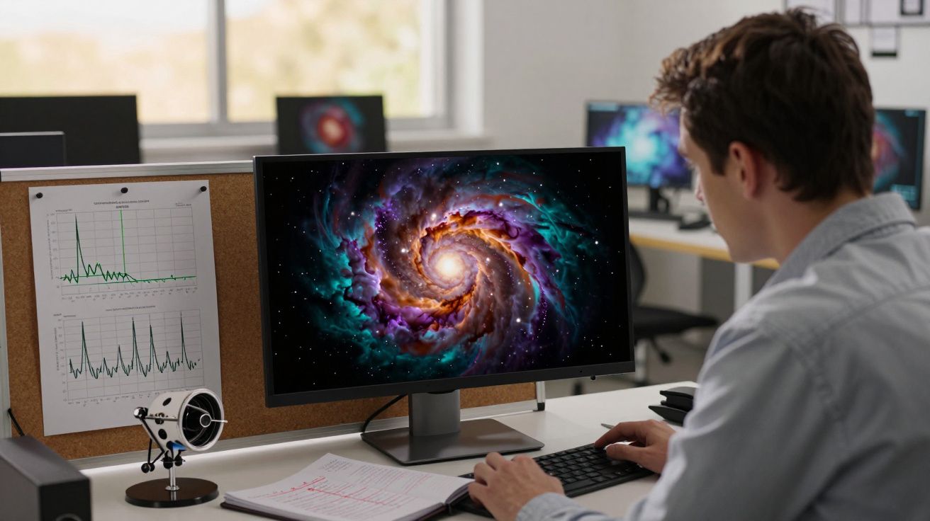 Pessoa sentada a trabalhar num computador com imagem de galáxia colorida no ecrã, gráficos e notas na secretária.