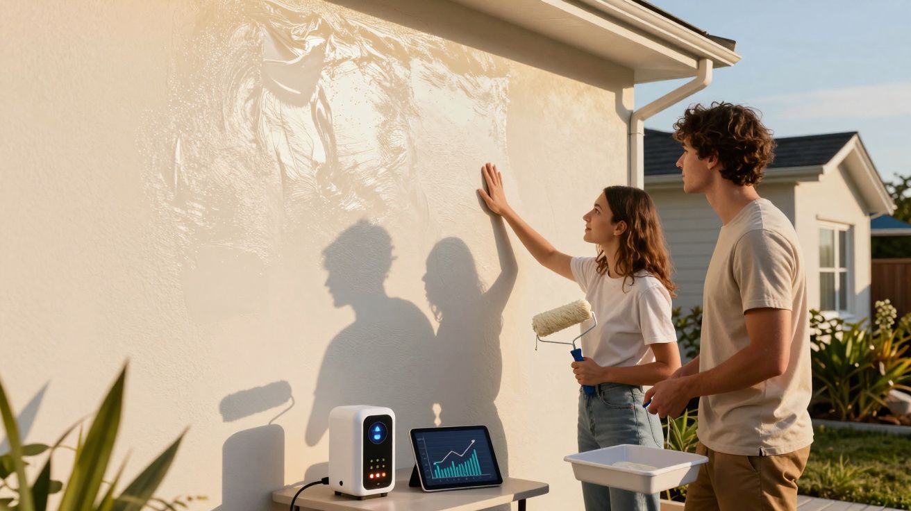 Casal jovem pintando parede exterior branca ao ar livre com rolo, perto de monitor digital com gráficos financeiros.