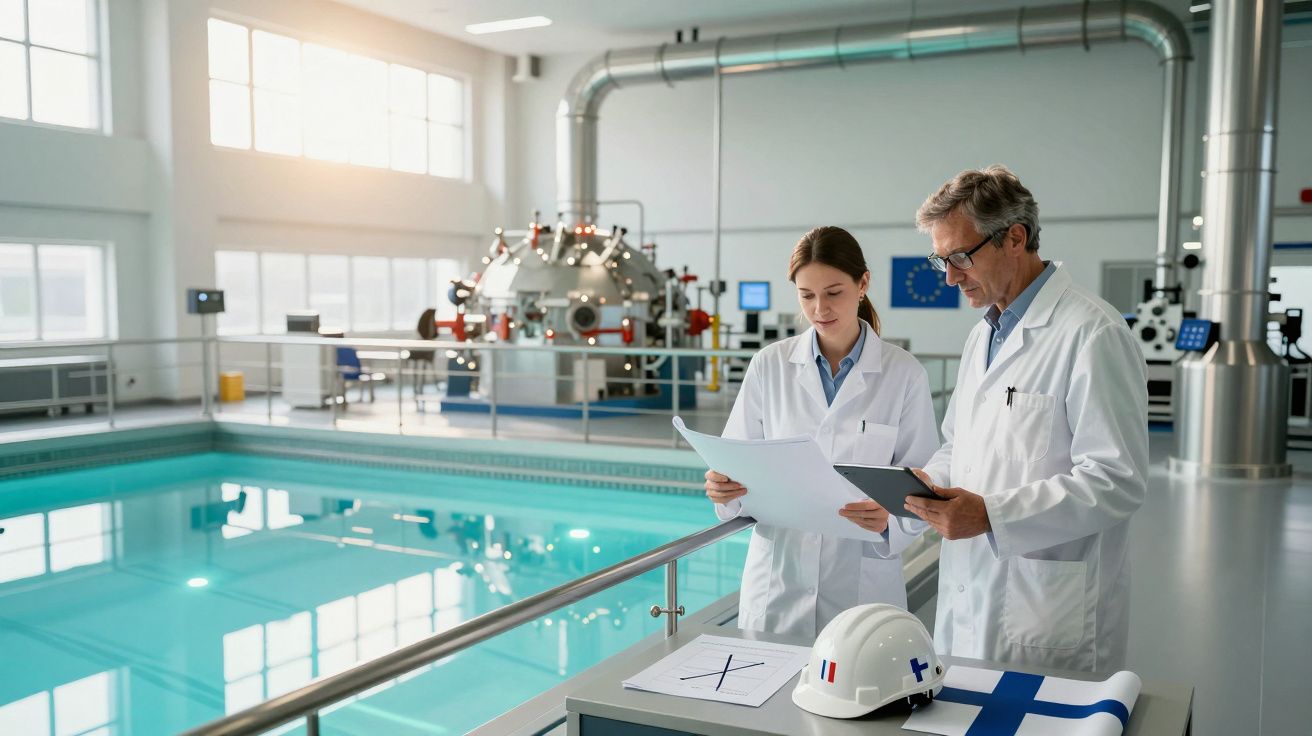 Dois cientistas de bata branca analisam documentos junto a uma piscina e equipamentos industriais num laboratório.