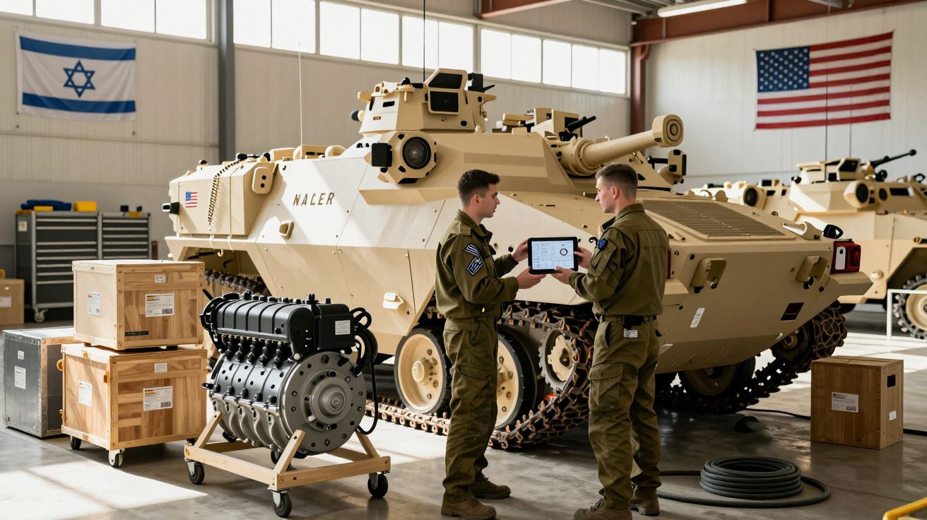 Dois soldados em uniforme verificam dados num tablet junto a veículo blindado e motor em armazém com bandeiras de Israel e EU