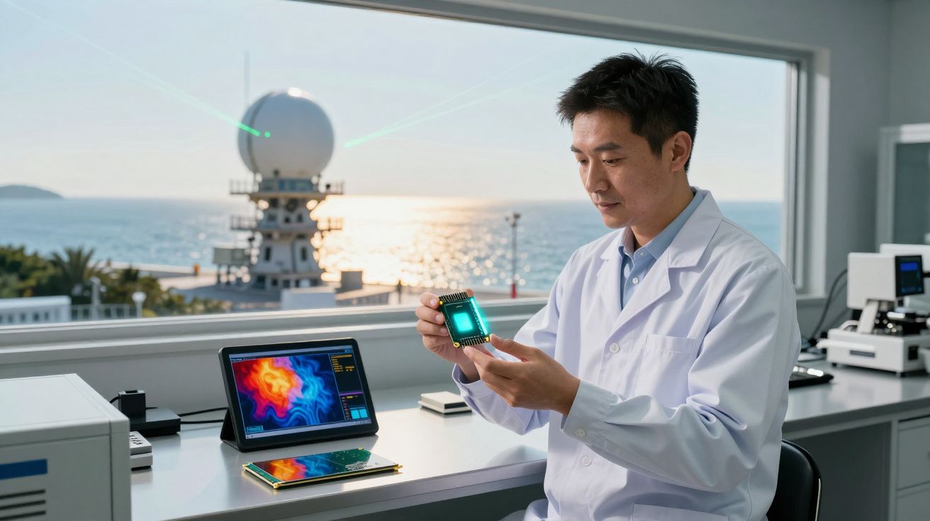 Cientista em laboratório com microscópio, ecrã térmico, segurando componente tecnológico na mão.