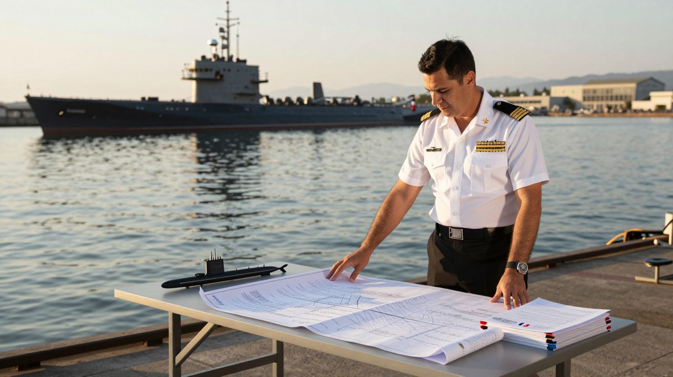 Oficial naval em uniforme branco a analisar plantas náuticas numa mesa junto ao mar com navio ao fundo.