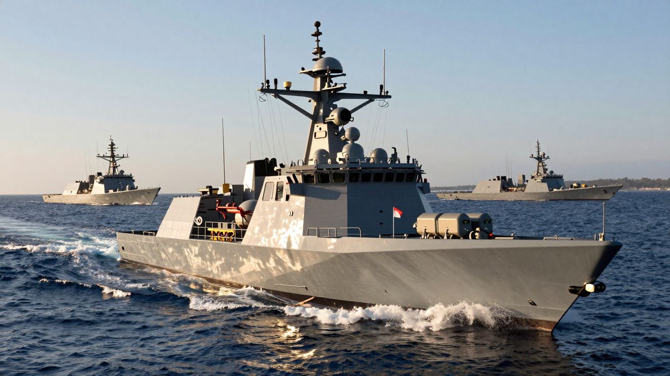 Três navios de guerra cinzentos a navegar em formação no mar calmo ao entardecer.