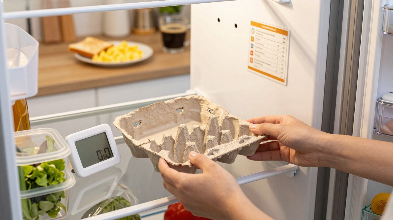 Mãos a colocar embalagem de cartão para seis ovos na prateleira de um frigorífico aberto.