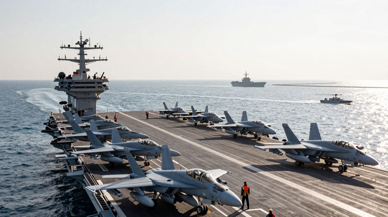 Porta-aviões no mar com vários caças estacionados no convés e pessoal a bordo em uniforme.