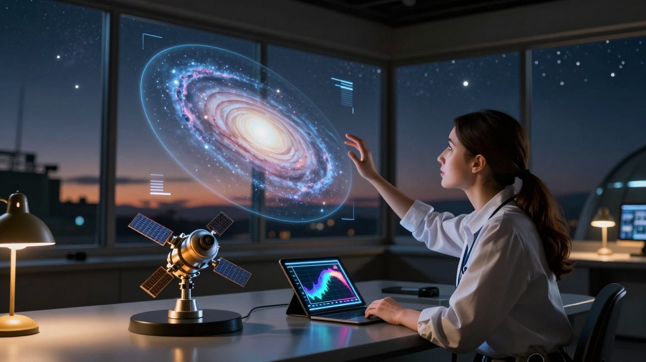 Mulher a analisar uma galáxia holográfica numa sala escura com equipamento tecnológico de astronomia.