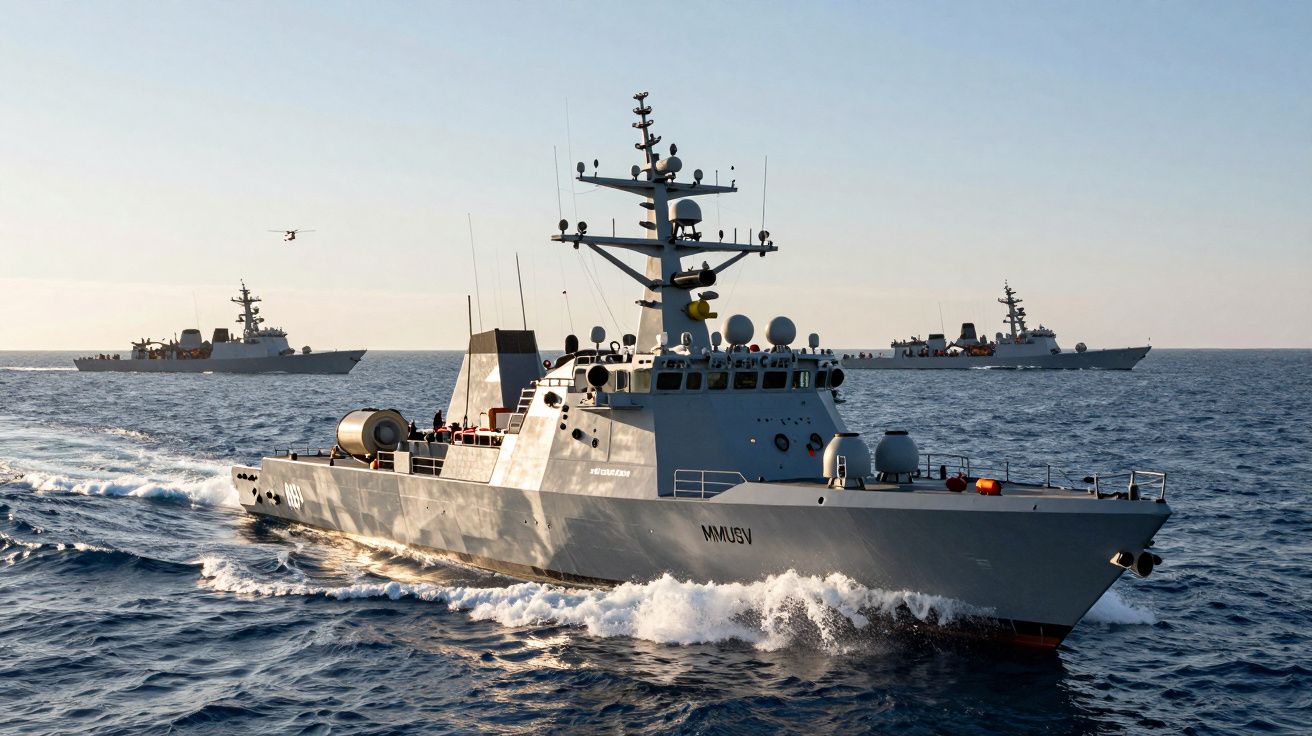 Navio de guerra a navegar em mar calmo com outros dois navios ao fundo sob céu limpo.