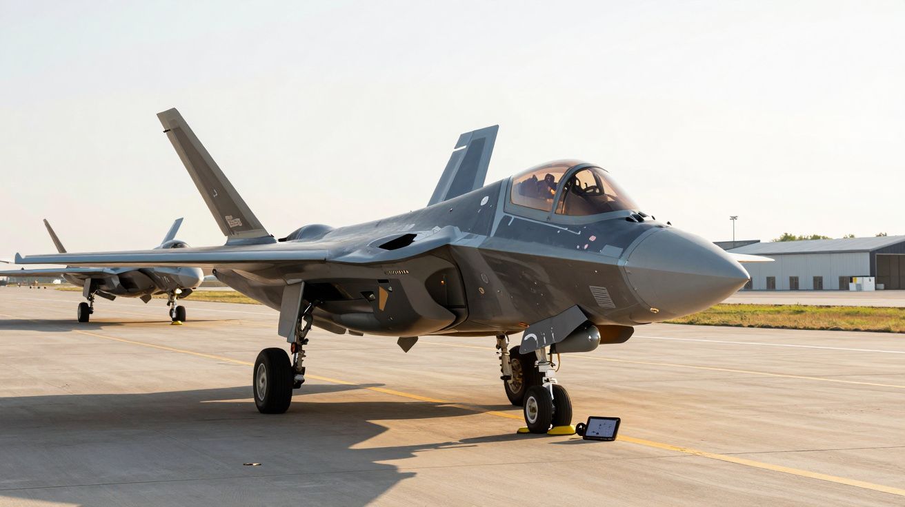 Caça F-35 estacionado numa pista de aeroporto com outro avião ao fundo, sob luz do dia.