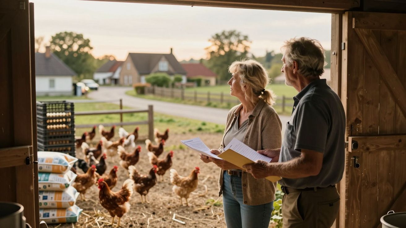 Casal de idosos com documentos observa galinhas num galpão agrícola ao pôr do sol.