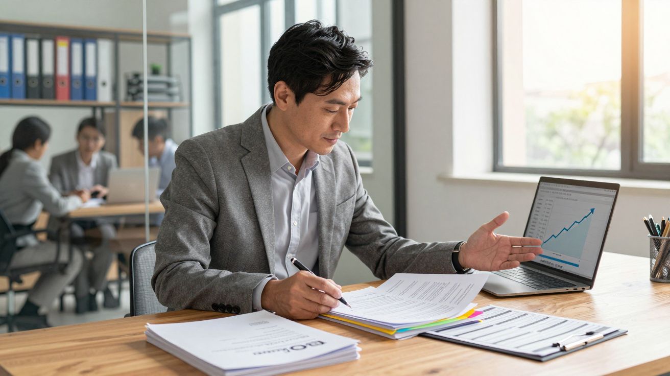 Homem de negócios numa mesa a analisar documentos e gráficos de crescimento no computador portátil.