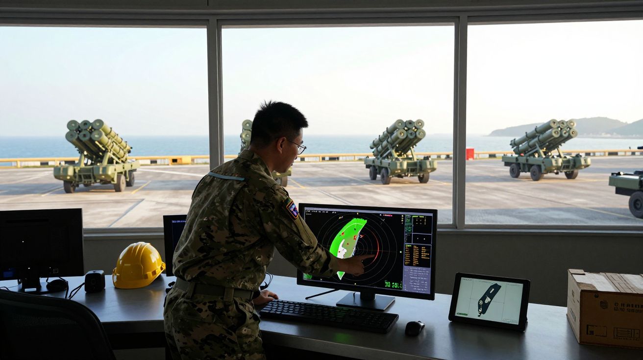Militar em uniforme com radar no monitor, dentro de instalação com vista para lançadores de mísseis no exterior.
