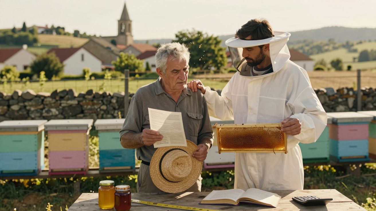 Apicultor em fato protetor mostra favo de mel a homem idoso num apiário ao ar livre com colmeias coloridas.