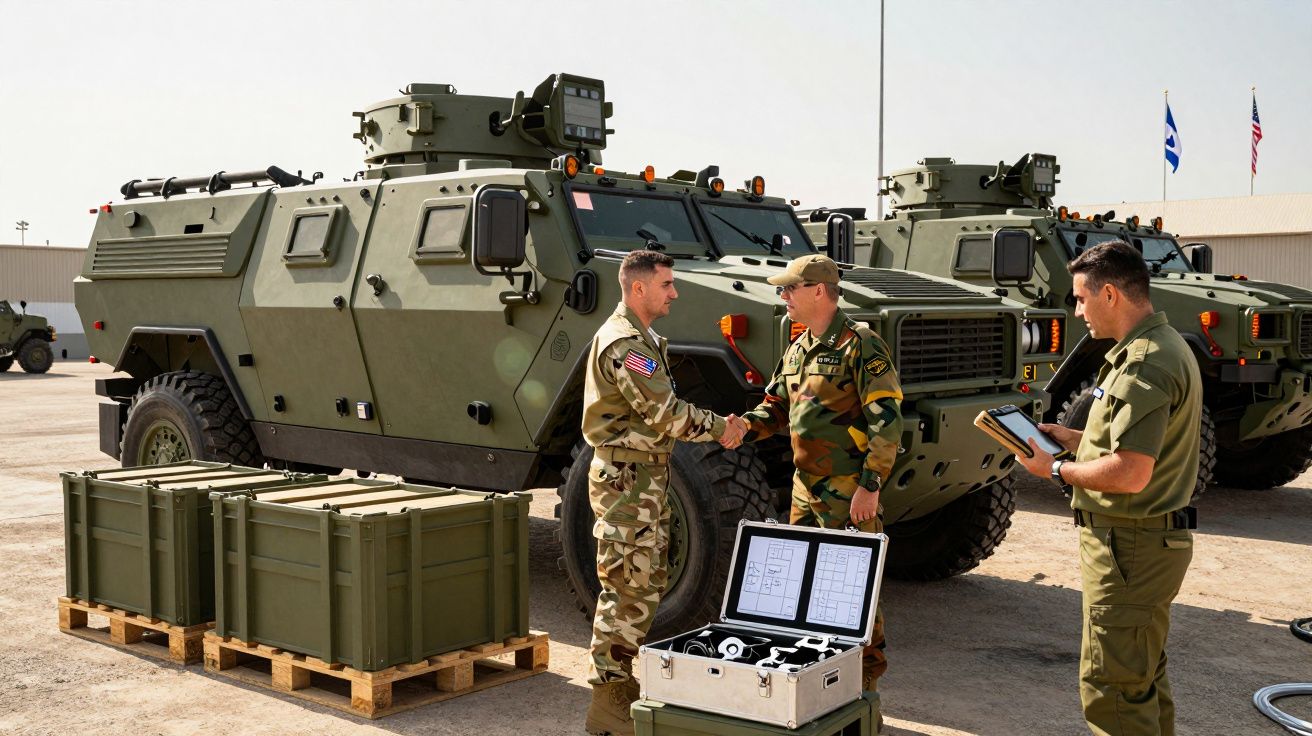 Soldados junto a viaturas militares blindadas e caixas de equipamento num espaço ao ar livre.