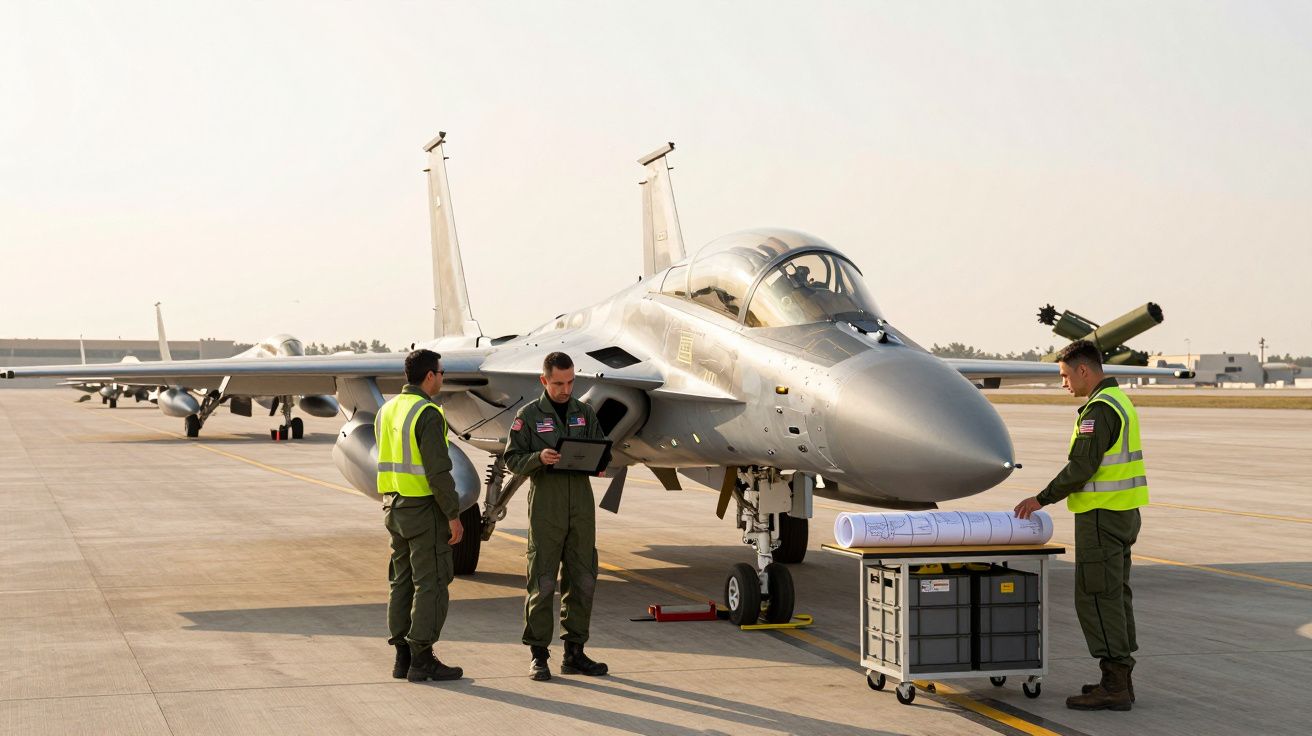 Três militares junto a um caça militar estacionado numa pista de aeroporto, com mapas e equipamento.