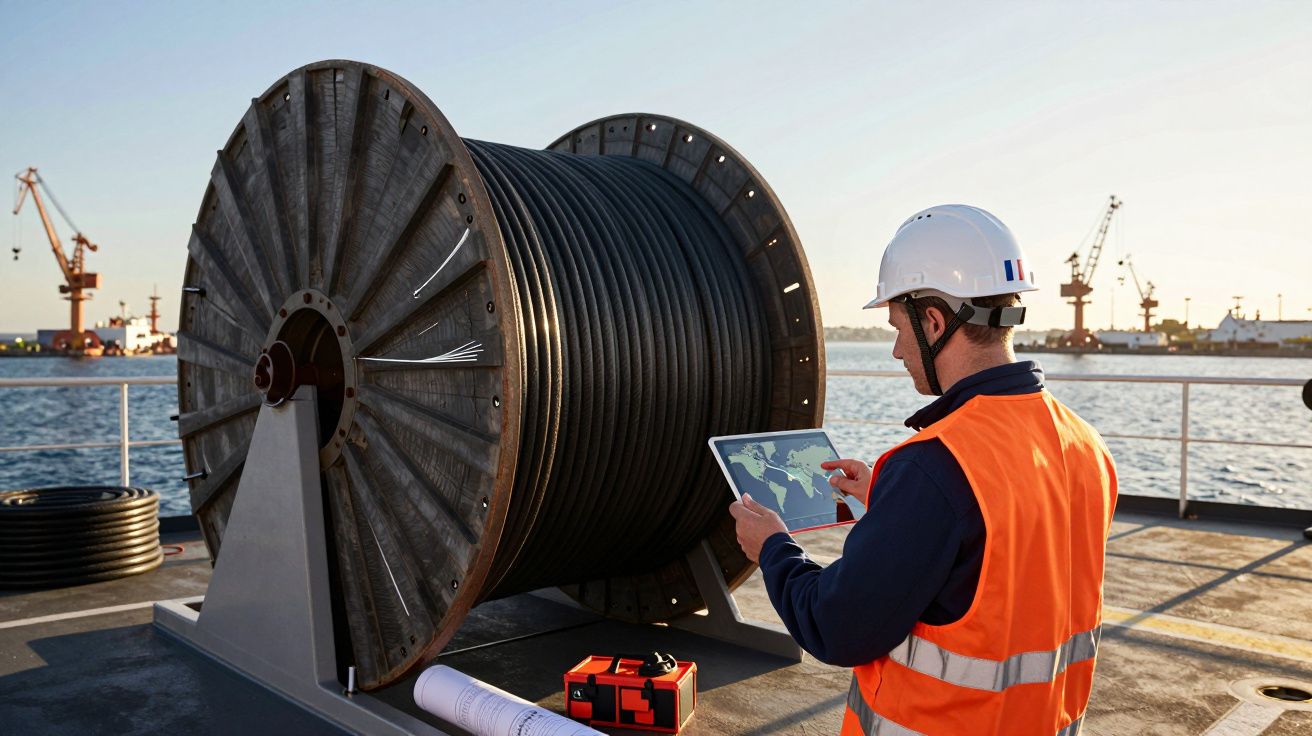 Trabalhador de colete laranja e capacete branco usa tablet junto a grande rolo de cabo num cais com guindastes.