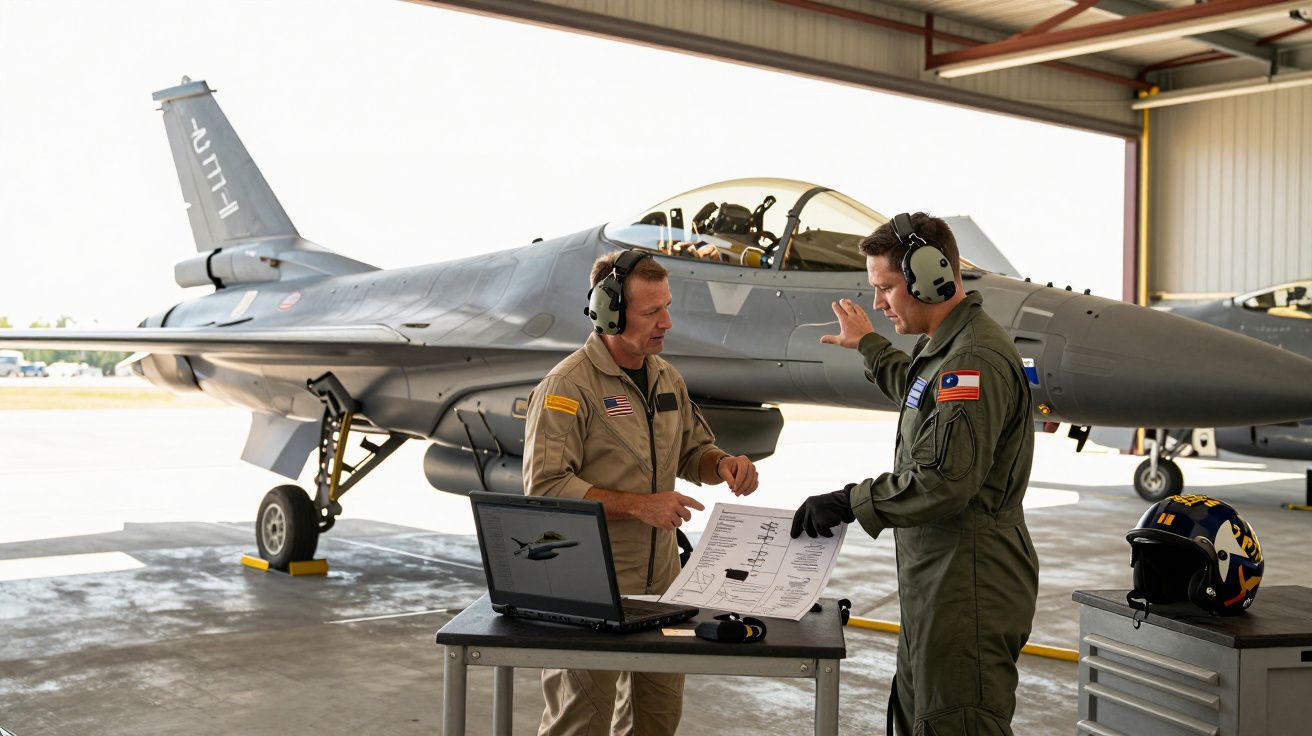 Dois pilotos militares com equipamento de comunicação analisam documentos junto a um jato F-16 numa base aérea.