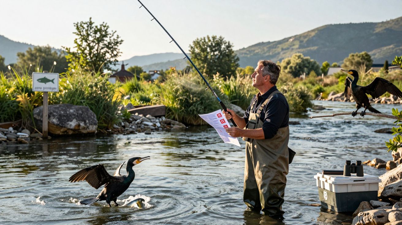 Homem de fato de pesca na água, pescando com vara, rodeado por corvos-marinhos junto a sinais e caixa de equipamentos.