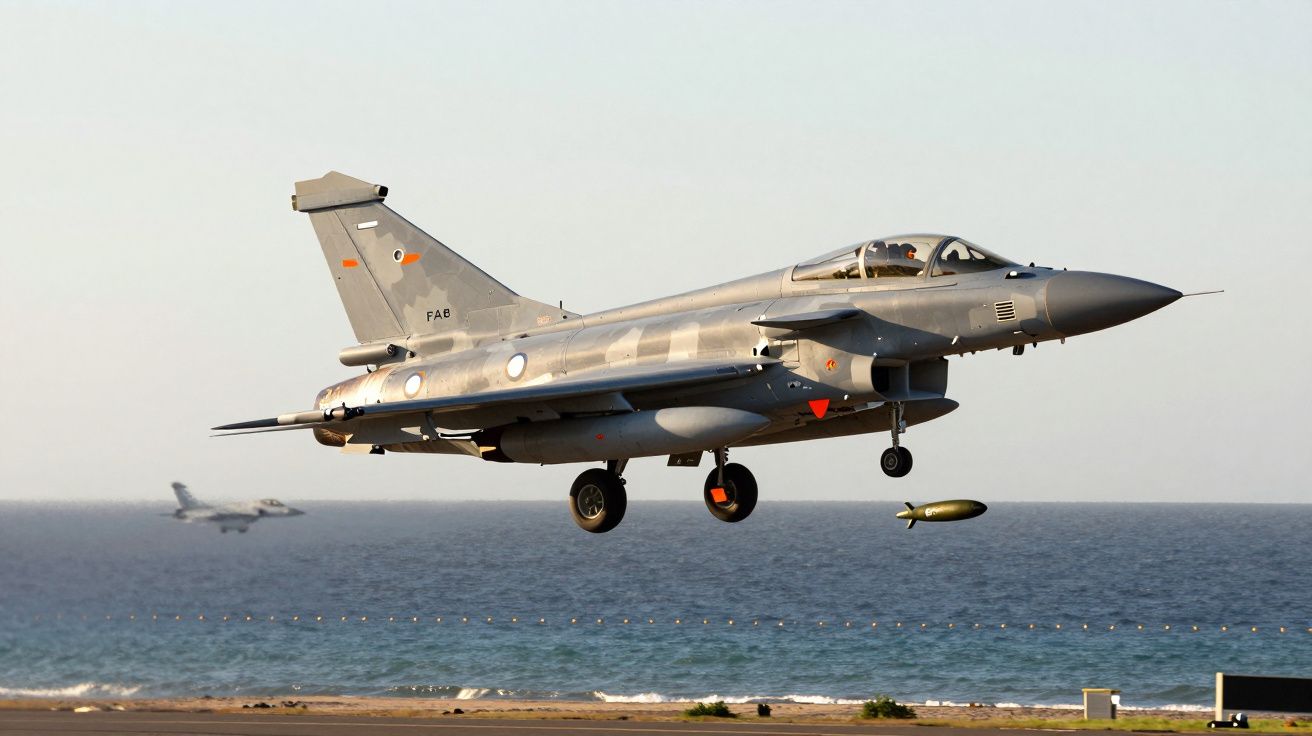 Avião militar a jato em voo baixo sobre costa com mar ao fundo, lançando bomba.