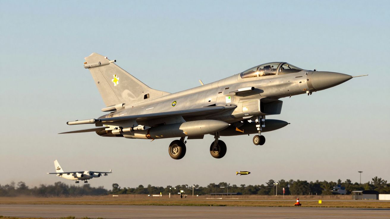 Jato militar cinzento a descolar em pista com outro avião ao fundo e bomba em queda.