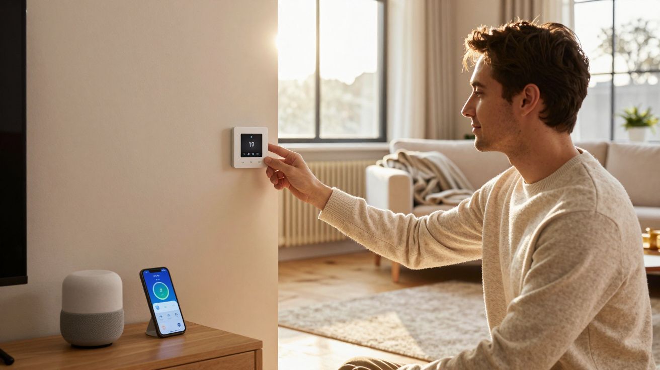 Homem ajusta termostato inteligente na parede numa sala de estar moderna e iluminada.