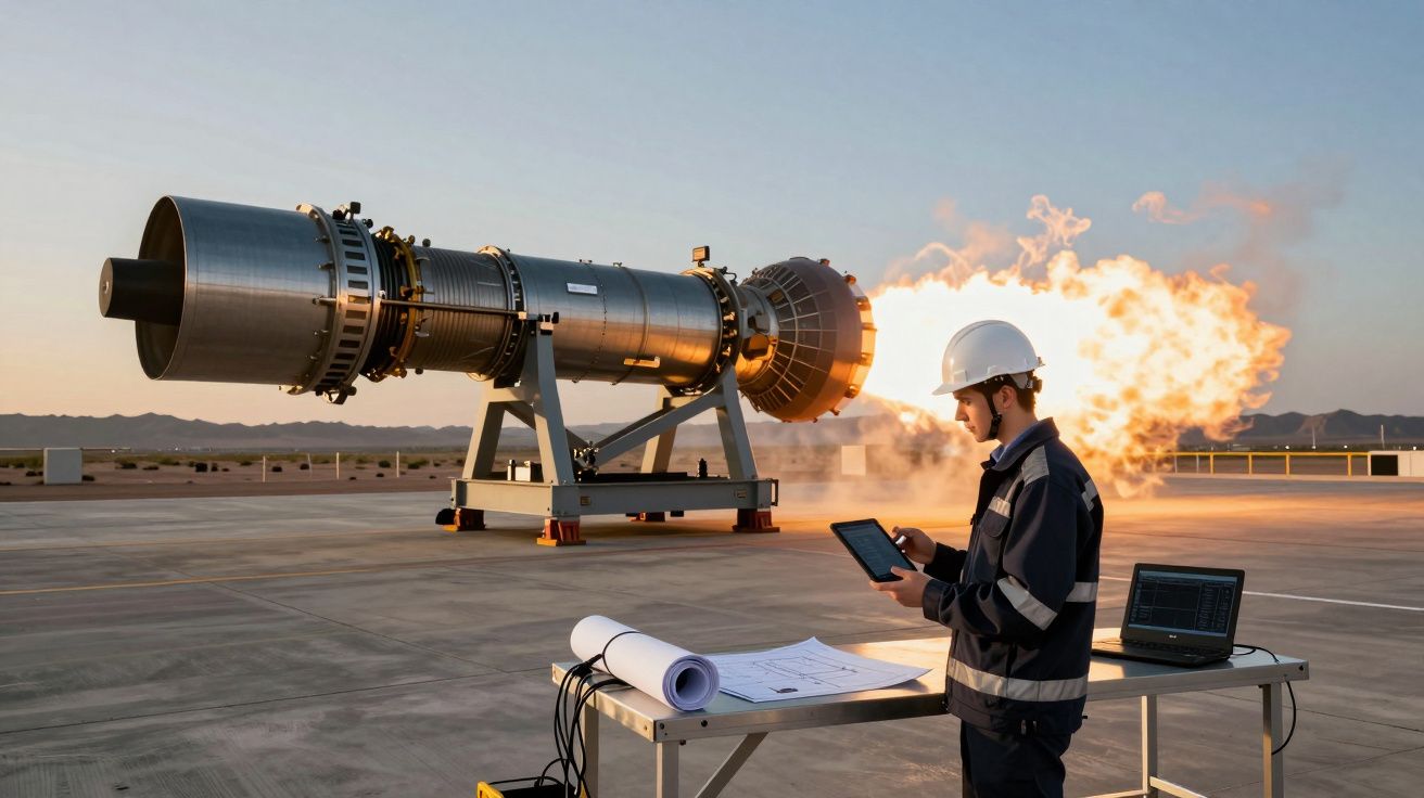 Engenheiro com capacete operacional testa motor a jato num espaço aberto com chama atrás.