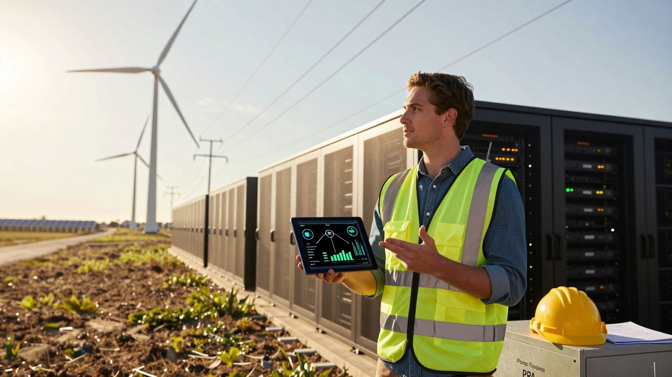 Engenheiro com colete refletor analisa dados num tablet em central de energia renovável junto a turbinas eólicas.