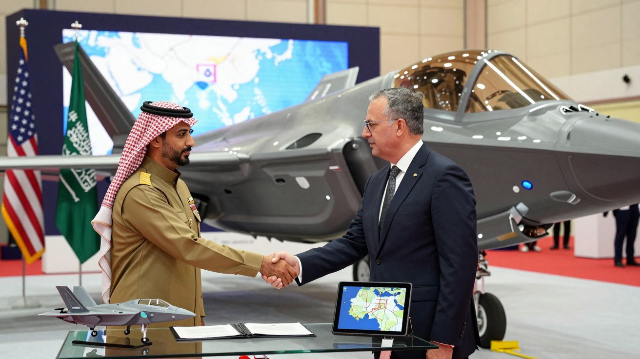 Homem em traje militar saudita e homem em fato de negócios apertam as mãos junto a avião militar em exposição.