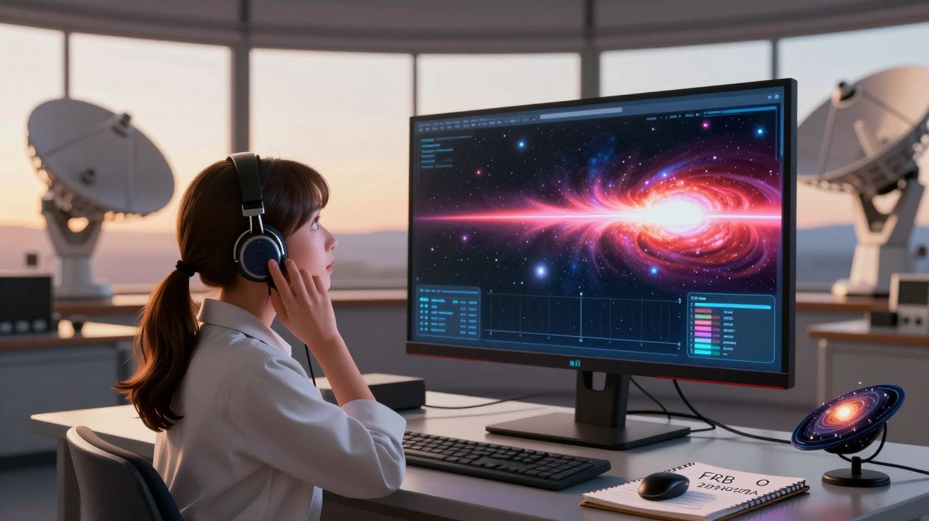 Mulher com auscultadores analisa imagem de galáxia num computador numa sala de controlo astronómico.