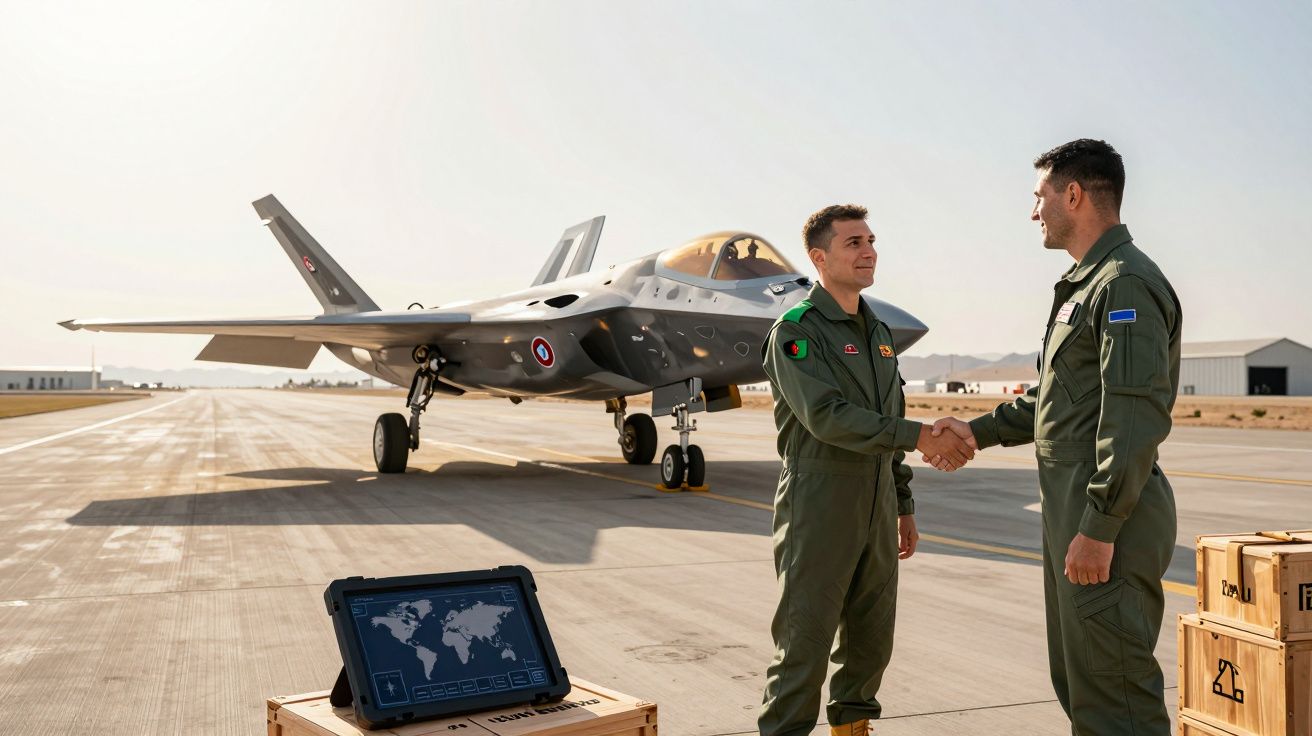 Dois pilotos militares a cumprimentarem-se em pista ao lado de avião de combate e tablet com mapa-múndi.