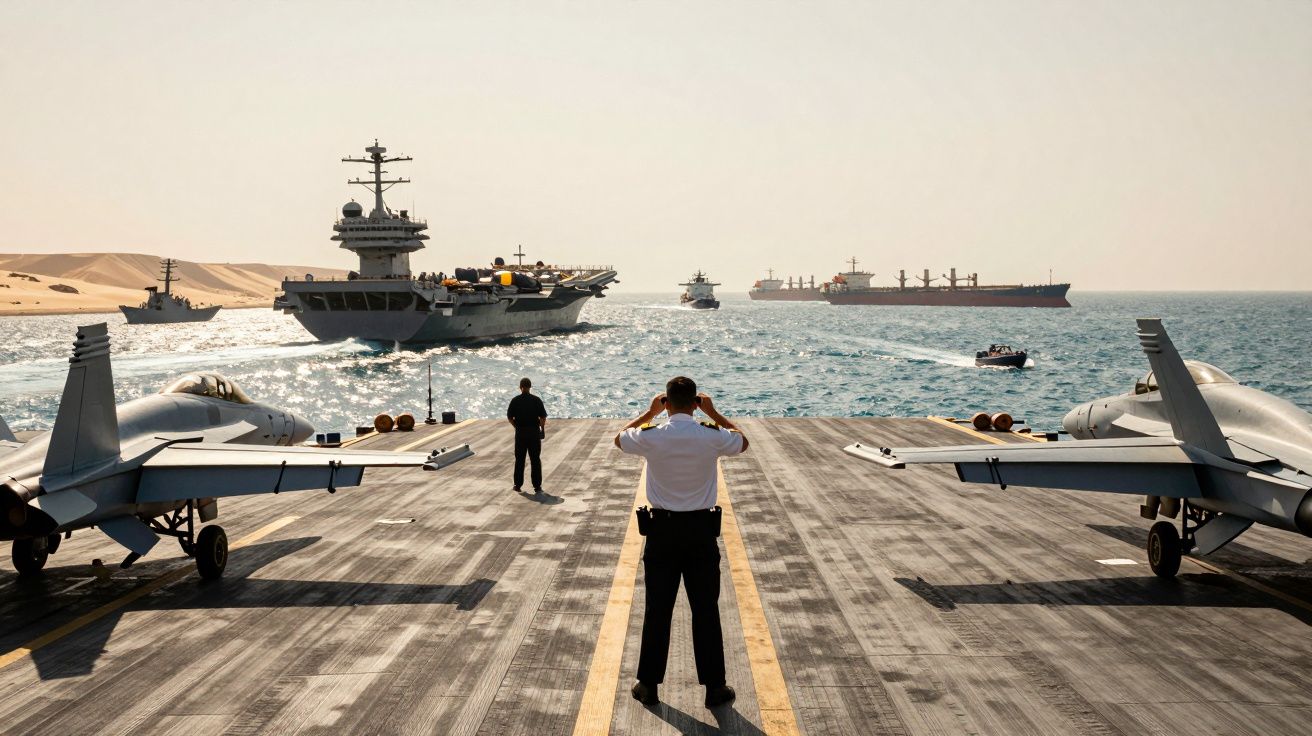 Pessoal naval a bordo de porta-aviões com caças estacionados e navios no mar ao fundo sob céu limpo.