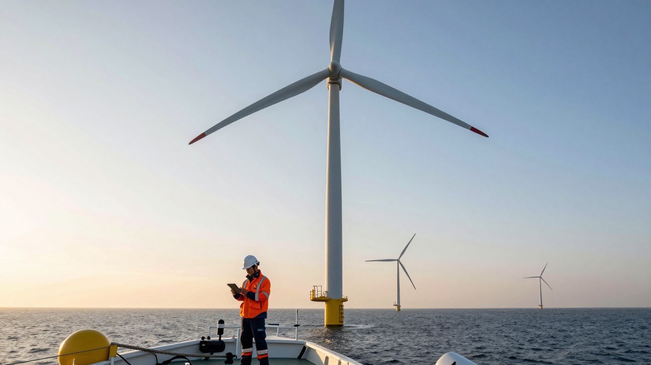 Homem com equipamento de proteção verifica dispositivo numa plataforma junto a turbinas eólicas offshore ao pôr do sol.