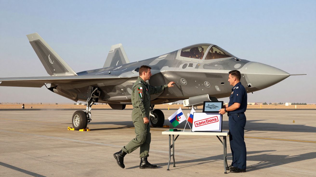 Dois militares perto de um avião de combate cinzento num aeroporto com bandeiras e um cartaz com a palavra "sanctions".