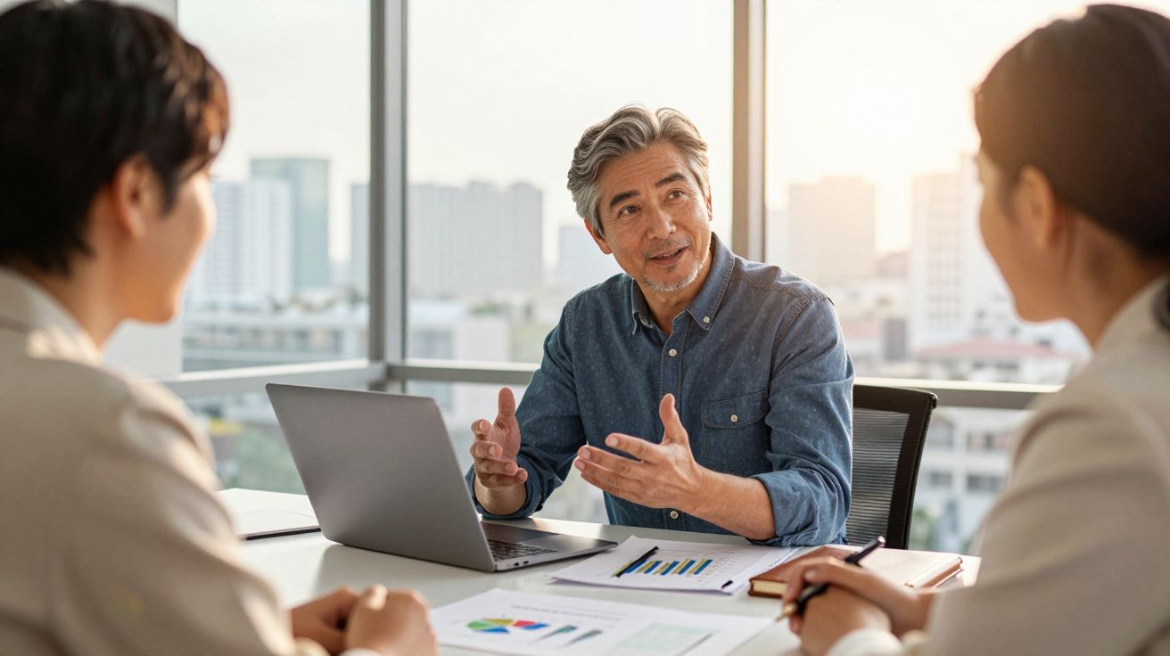 Homem a explicar gráfico a duas mulheres numa reunião com laptop e documentos na mesa.