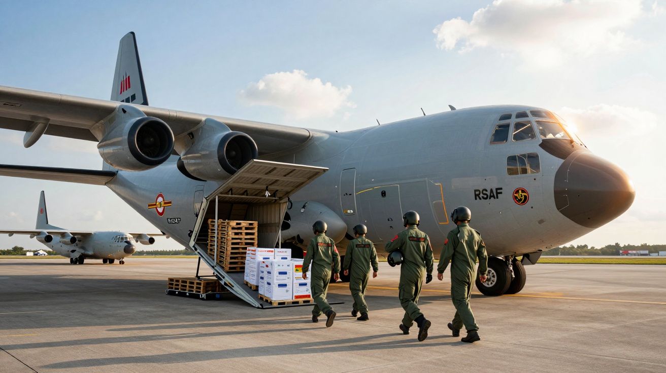 Quatro militares caminham em direção a um avião militar cinzento com carga na rampa aberta num aeroporto.