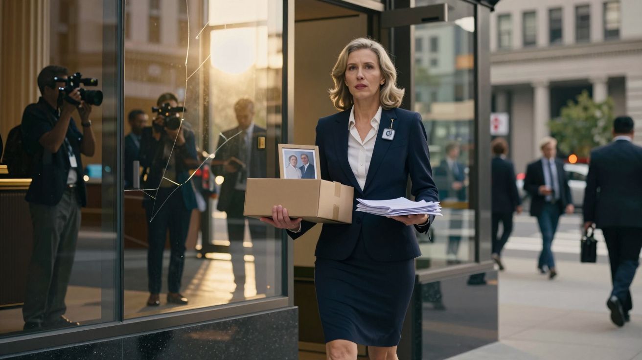 Mulher de fato azul a sair de escritório com caixa e papéis, refletida em vidro onde estão fotógrafos e pedestres.