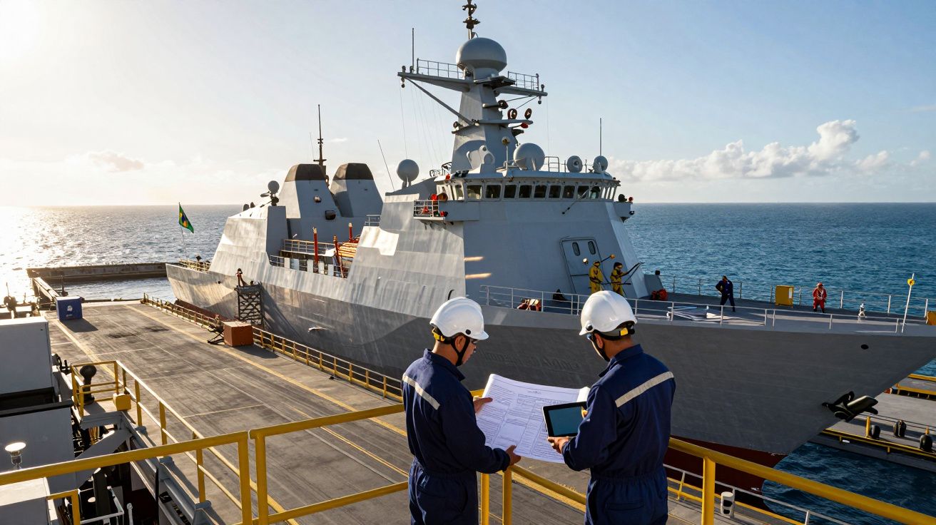 Dois técnicos com capacetes revisam documentos e tablet junto a um grande navio de guerra atracado ao cais.